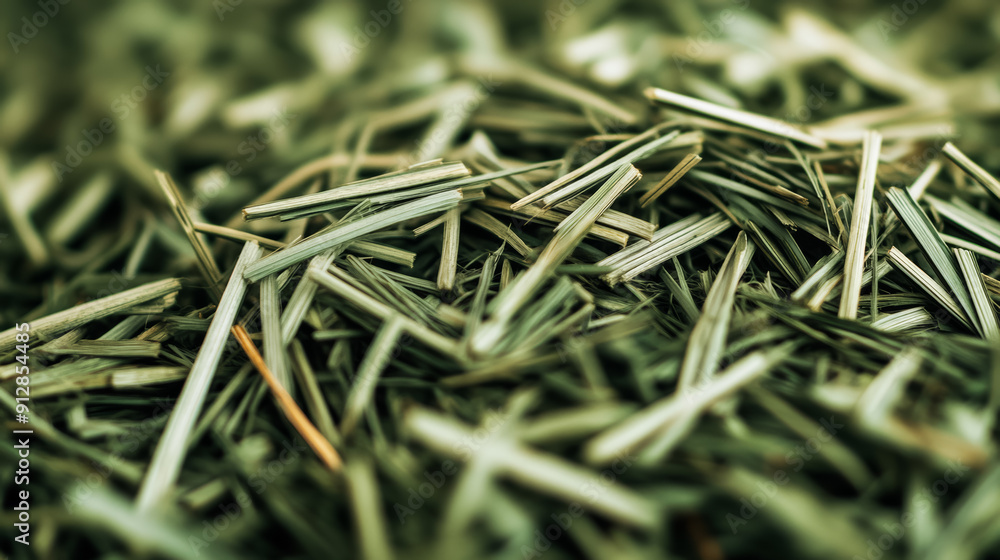 Poster macro shot of the texture of rabbit hay showcasing the fibrous green strands with dried leaves and s