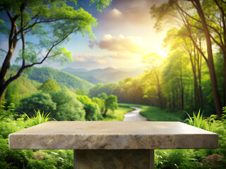 3D Empty top of stone table or stone platform on nature background. For product display