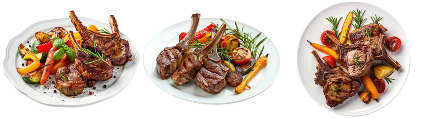 Grilled lamb chops with vegetables isolated on transparent background