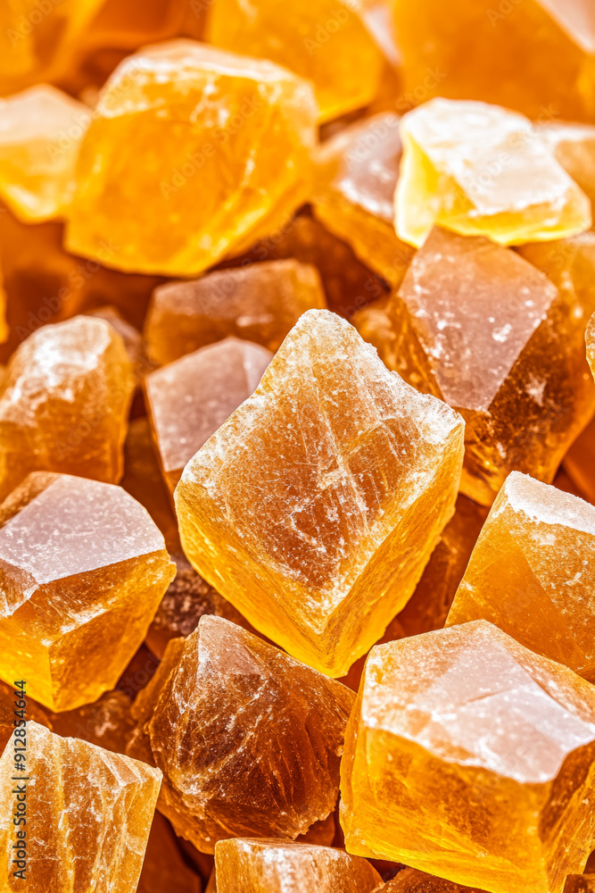 Poster Macro shot of the texture of raw brown sugar highlighting the coarse caramel colored crystals with irregular shapes 