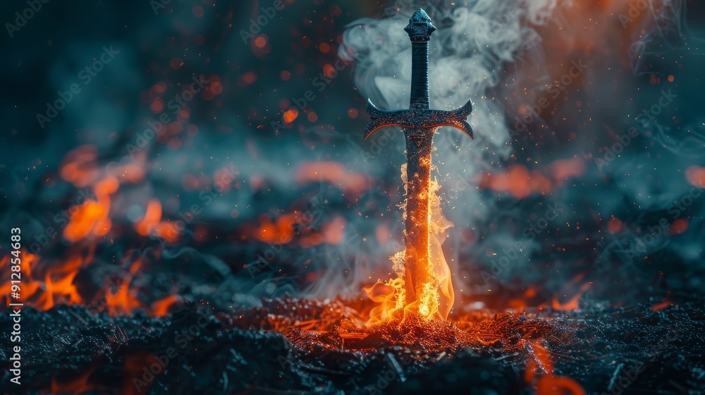 Poster sword embedded in fiery lava surrounded by smoke at twilight