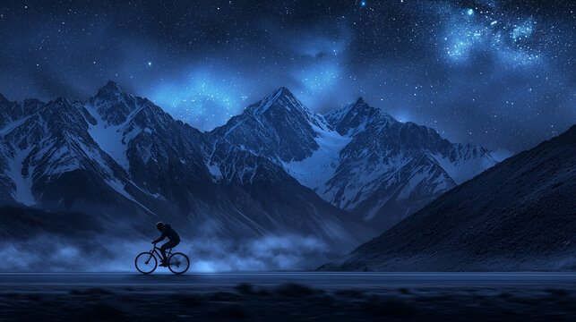 Riding a Bicycle at High Speed, with Wind in His Face, Surrounded by Towering Mountains Under a Starlit Sky. Capturing the Symphony of Nature