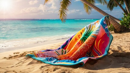 Obraz premium The image shows a colorful blanket on a sandy beach. The blanket is spread out, ready for use.