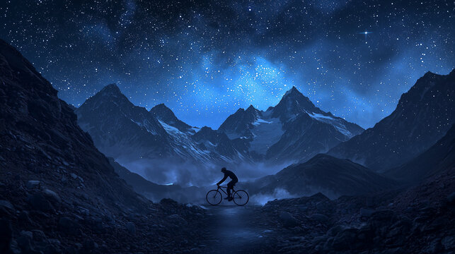 Riding a Bicycle at High Speed, with Wind in His Face, Surrounded by Towering Mountains Under a Starlit Sky. Capturing the Symphony of Nature