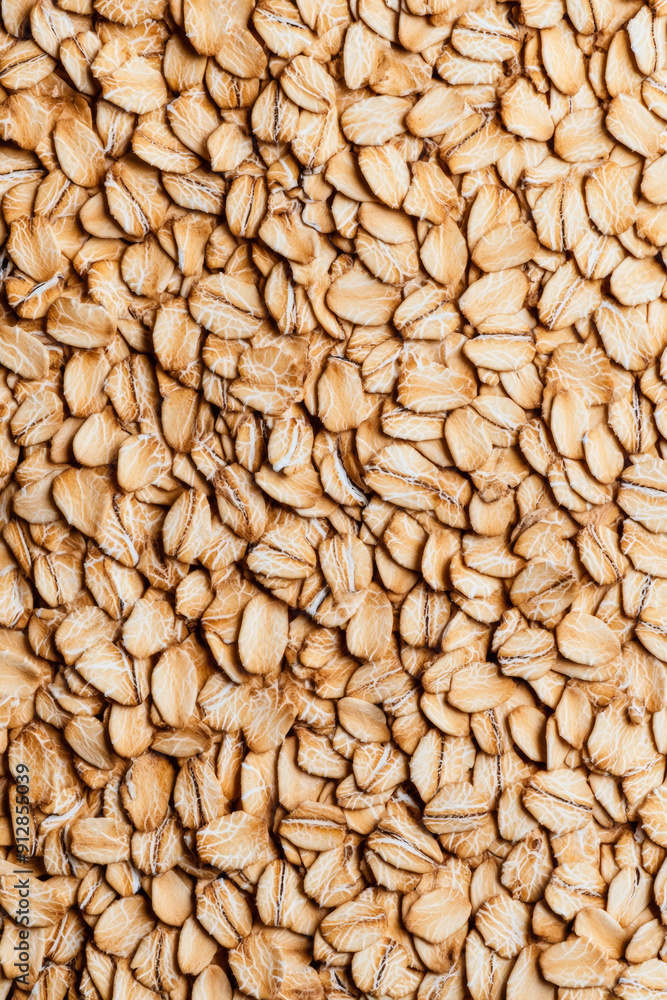 Poster macro shot of the texture of rolled oats highlighting the flattened light brown grains with intricat