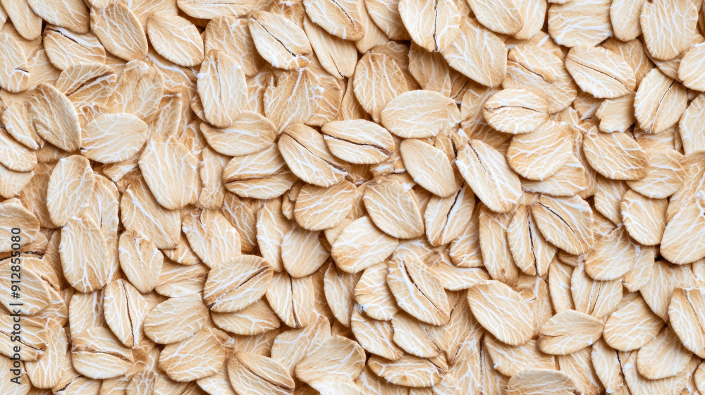 Poster macro shot of the texture of rolled oats highlighting the flattened light brown grains with intricat