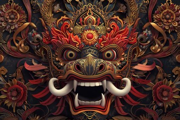 Fototapeta premium Colorful detailed ornate Balinese demon mask geometric frame.