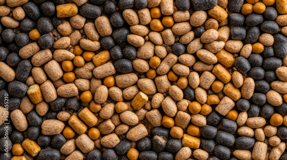 Poster macro shot of the texture of sheep feed showcasing the mix of pellets grains and dried forage with r