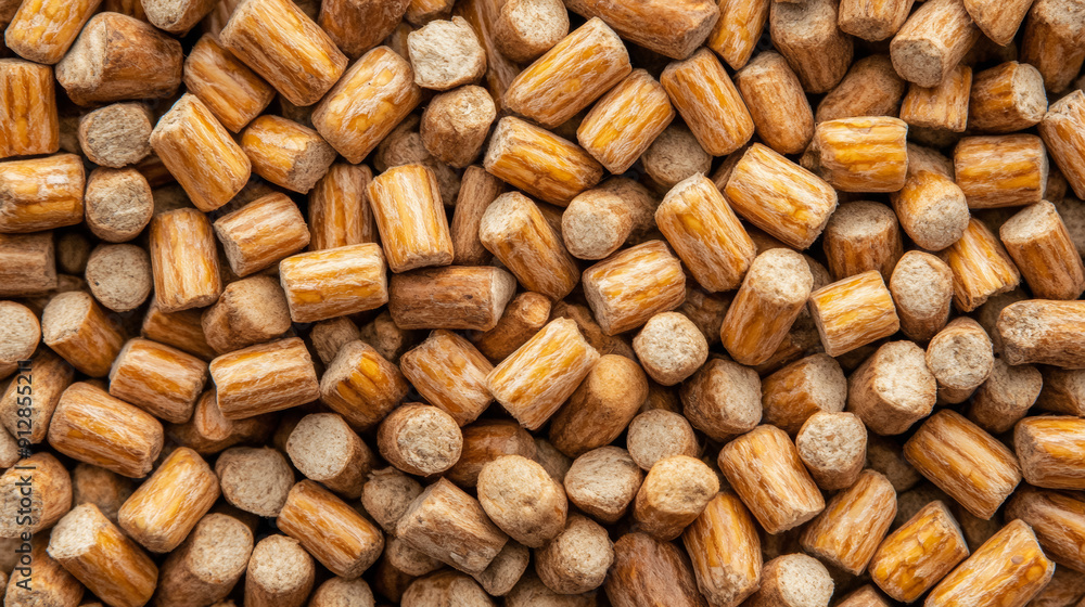 Poster macro shot of the texture of sheep feed showcasing the mix of pellets grains and dried forage with r