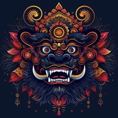 Fototapeta premium Colorful detailed ornate Balinese demon mask geometric frame.