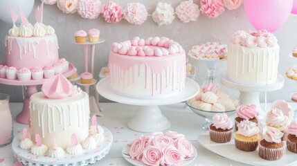 Elegant Dessert Table Setting Featuring Various Slices of Cake Decorated with Fresh White and Pink Roses for a Celebration