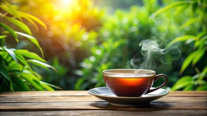 Serene Tea Time in the Garden: A Cup of Black Tea Amidst Vibrant Greenery  generative AI