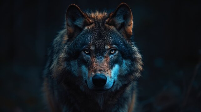 Majestic wolf staring intently in a dark forest at dusk
