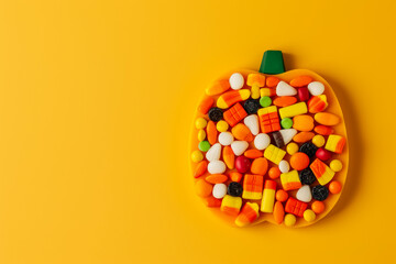 Sweets pattern in a shape of a Halloween pumpkin isolated on a yellow background 