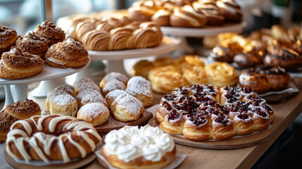 An enticing display of assorted pastries and croissants, featuring various toppings and fillings, in a cozy bakery setting.