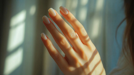 A close-up of a woman's hand with elegantly manicured nails in natural light, showcasing smooth skin and well-groomed nails.