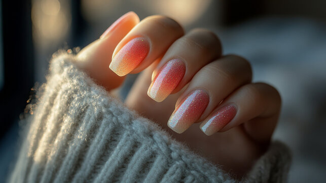 Close-up of a hand with a glittery ombre manicure, showcasing long nails with a gradient effect, wrapped in a cozy sweater.
