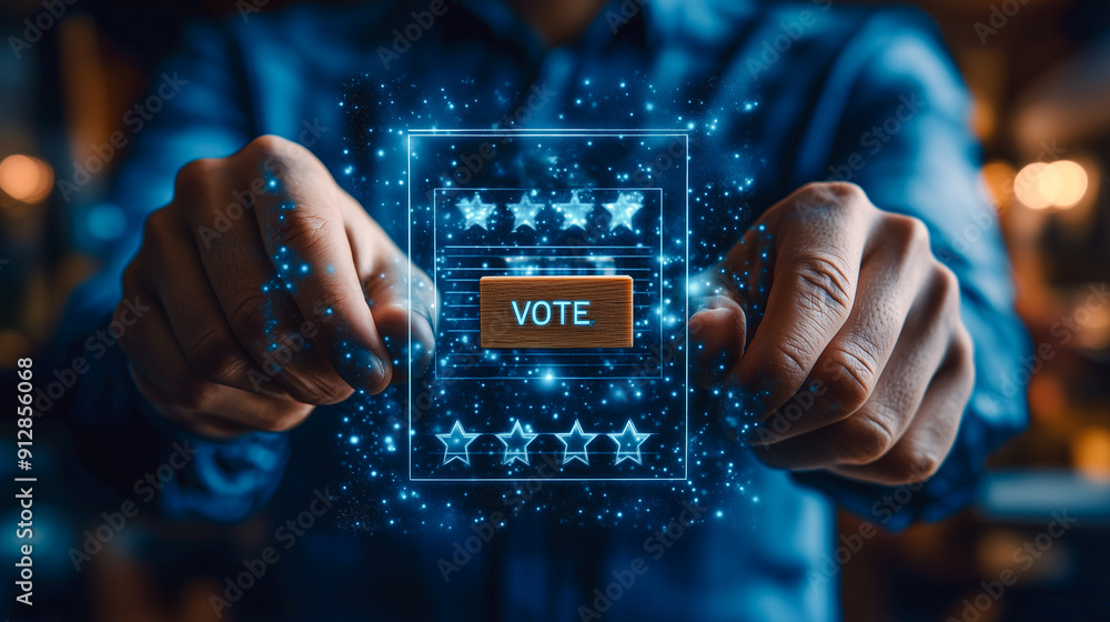 Poster a person interacts with a holographic voting interface showcasing digital stars and a prominent vote