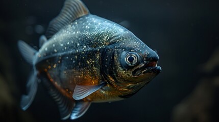Black piranha swimming in dark aquarium water
