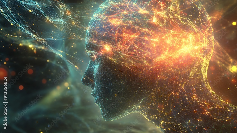 Poster abstract digital portrait of a person with glowing neural network connections