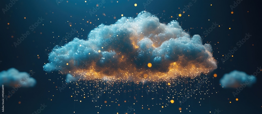 Aufkleber stylized cloud featuring hanging elements and sparkling dots against a dark blue backdrop representi