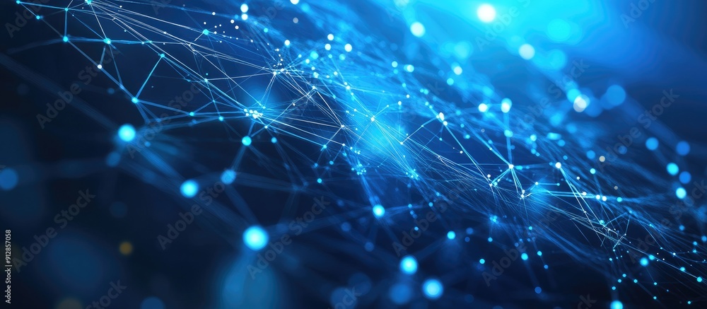 Poster global communication visualization with connected octagonal lines and dots on blue technology backgr