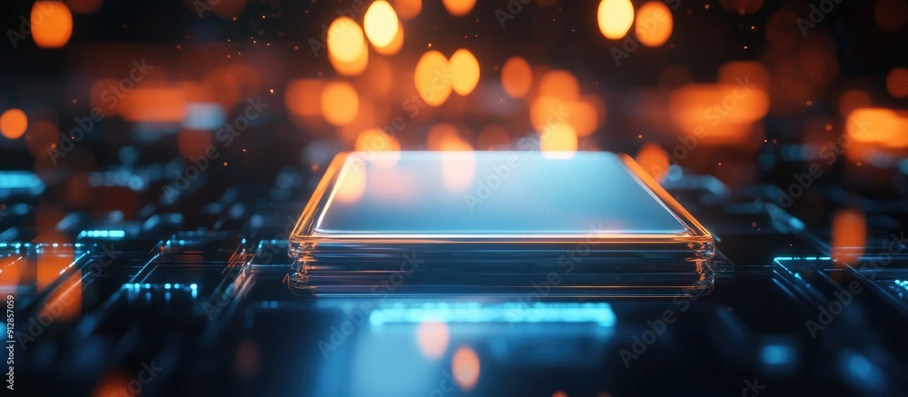 Poster illuminated esim hologram on a blurred backdrop with mockup space concept of embedded sim and mobile