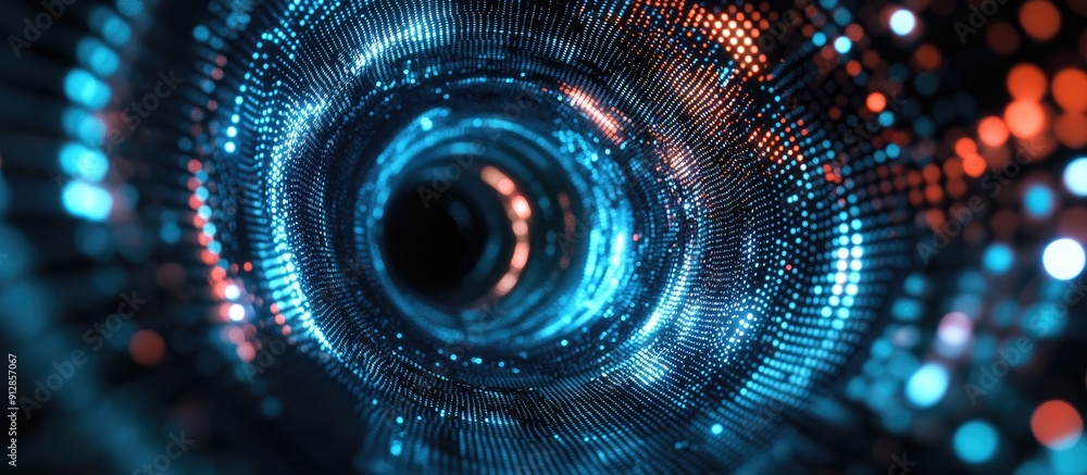 Poster journey through an abstract circular digital tunnel of dotted technology