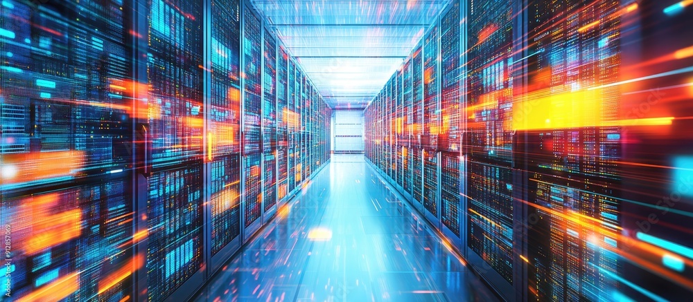 Poster vibrant data streams flowing within a modern data center