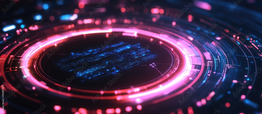 Poster glowing neon circle technology background with text overlay on dark surface