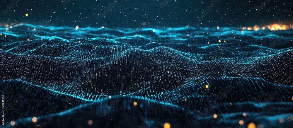 Poster futuristic digital landscape featuring advanced data telemetry with encrypted numbers designed for d