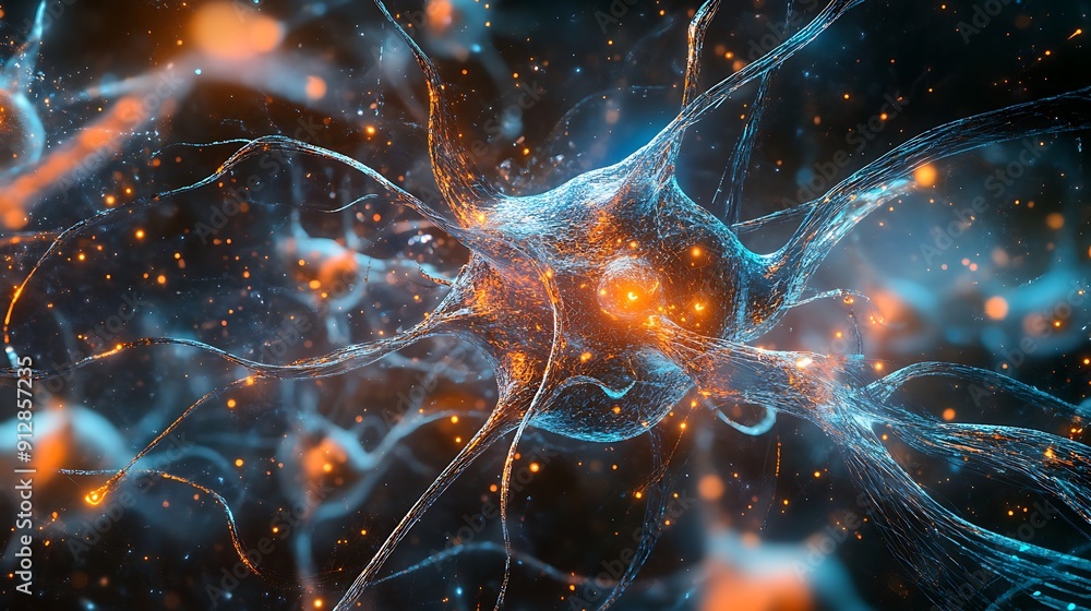 Poster a detailed abstract representation of a neuron with orange glowing points
