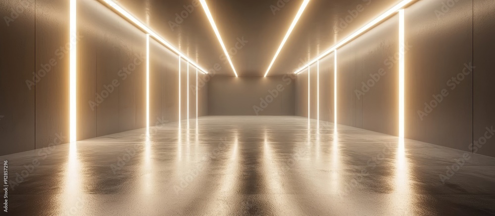 Poster futuristic empty room with sci fi corridor and ambient lighting for product display modern cement fl
