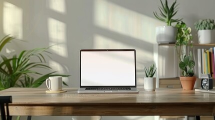 Laptop screen mockup in a creative workspace.