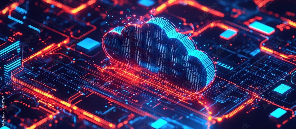 Poster isometric concept of cloud storage with digital file transfer and generative ai online computing tec