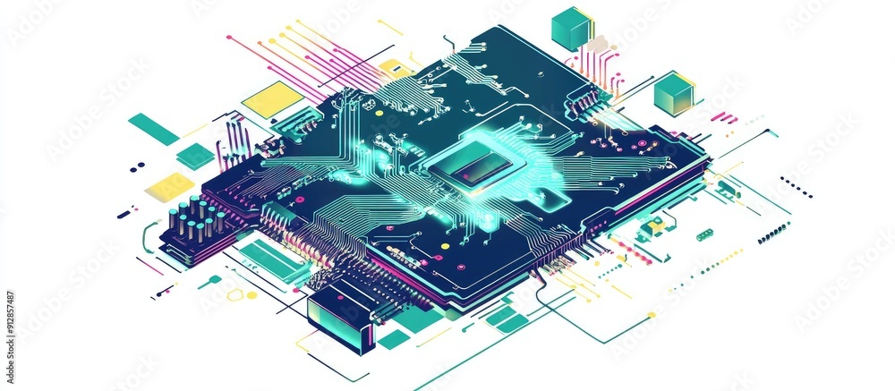 Poster microchip design depicting a country s outline with a central processing unit showcasing a technolog