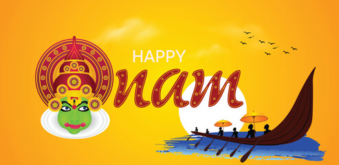 Kerala festival Happy Onam boat race with group of peoples vector background 
