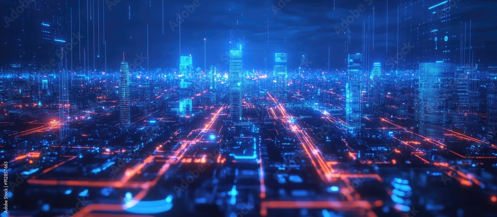 Poster futuristic aerial animation of a digital smart city 3d rendering depicting advanced technology and u