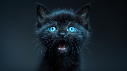 Black cat with bright blue eyes yelling in dim lighting