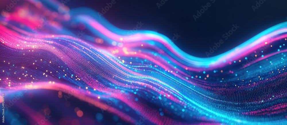 Poster vibrant neon lines flowing abstractly on dark blue background representing digital technology data n