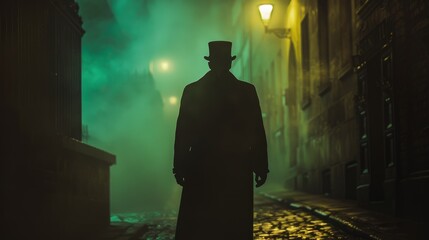 Mysterious figure in a foggy cobblestone alley at night