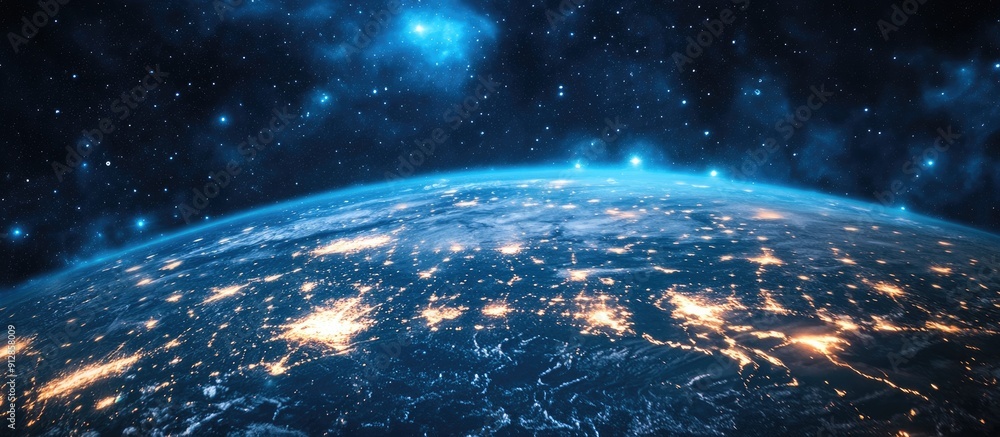 Poster Digital Connectivity and Network Solutions Rotating Blue Planet with Business Insights 3D Earth Technology and Data Processing Visualization