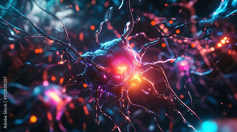 Poster abstract neuron with glowing tendrils and bokeh lights