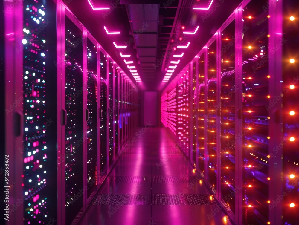 Poster a vibrant data center illuminated with colorful lights, showcasing modern technology and intricate s