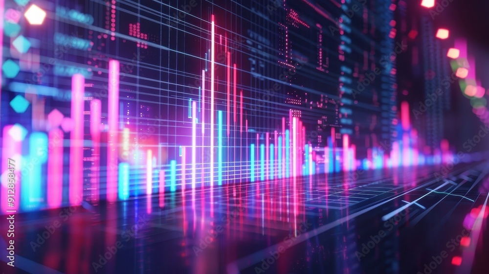 Poster a vibrant data visualization with glowing graphs and charts, illustrating financial trends and analy