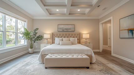 With opulent bedding, gentle lighting, and premium finishes, this bedroom embodies an atmosphere of quiet luxury and ultimate comfort.
