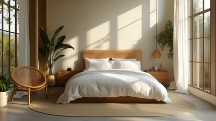 Fototapeta premium A bedroom with sumptuous bedding, soft illumination, and refined finishes, radiating an ambiance of quiet luxury and relaxation. 