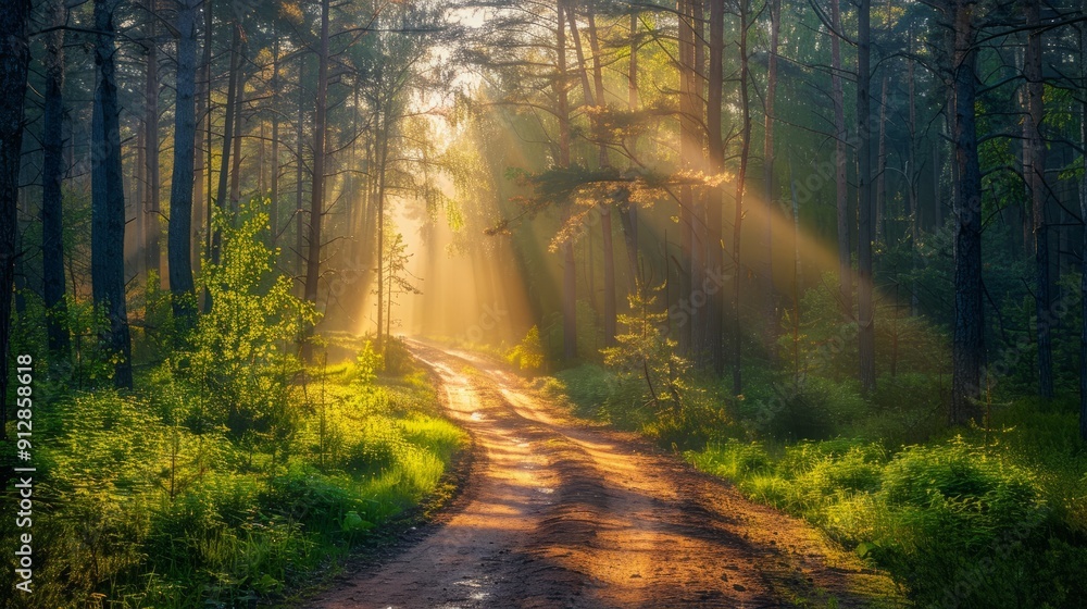 Poster sunlight filtering through trees on a peaceful forest path at dawn