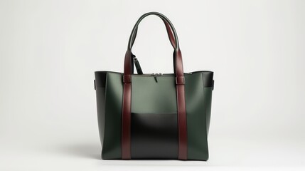 Green and black leather tote bag with brown straps and zipper closure.