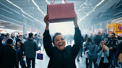 A woman happily picks up a gift box amid a crowd at a shopping mall.